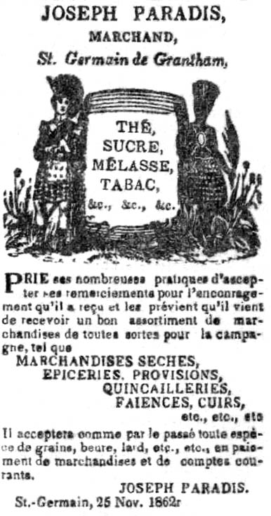 publicit du marchand  Joseph Paradis